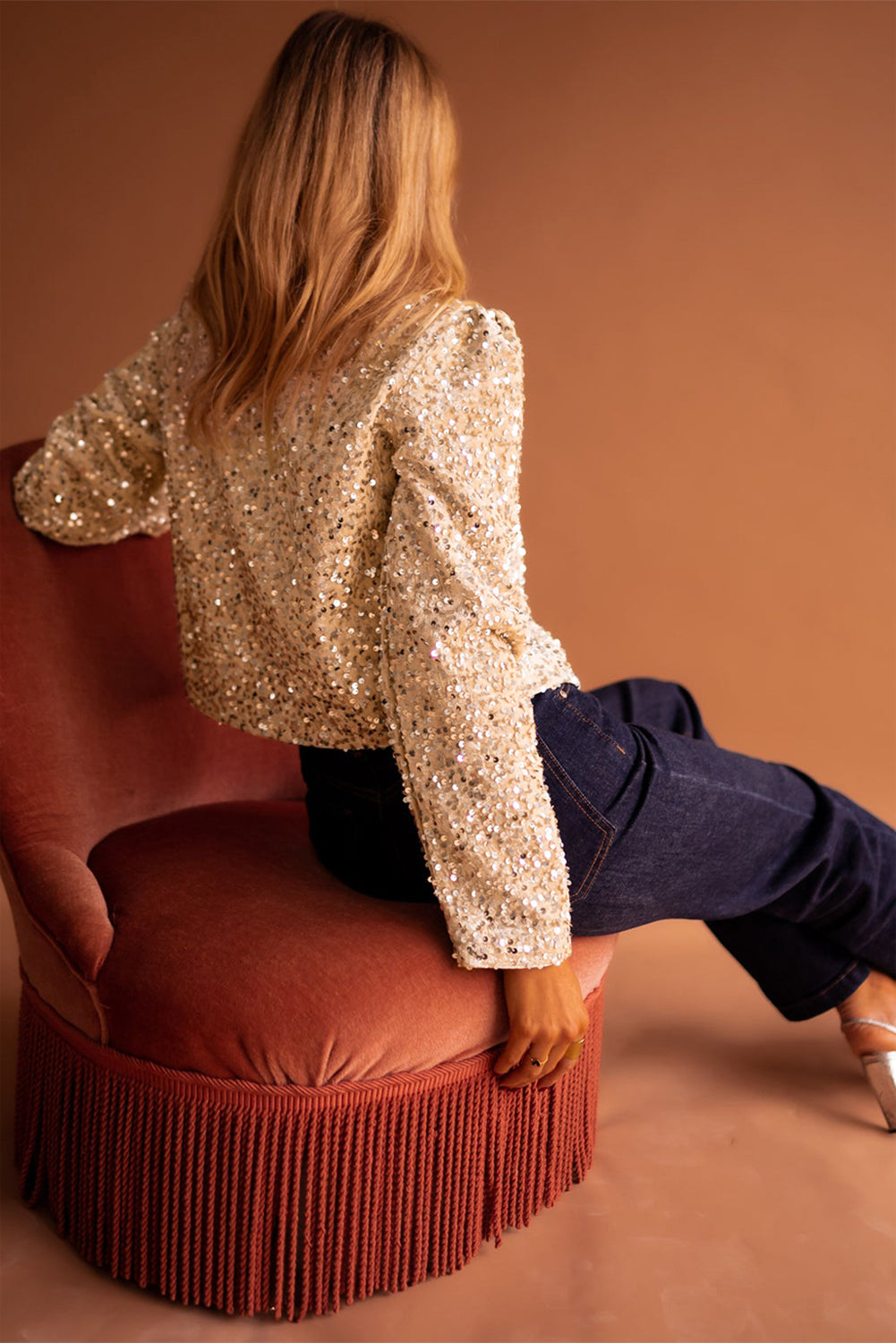 Sequined Open Front Cropped Jacket