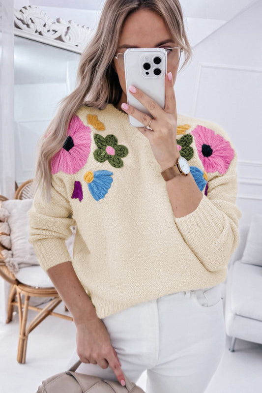 Beige Knitted Flower Pattern Ribbed Edge Sweater