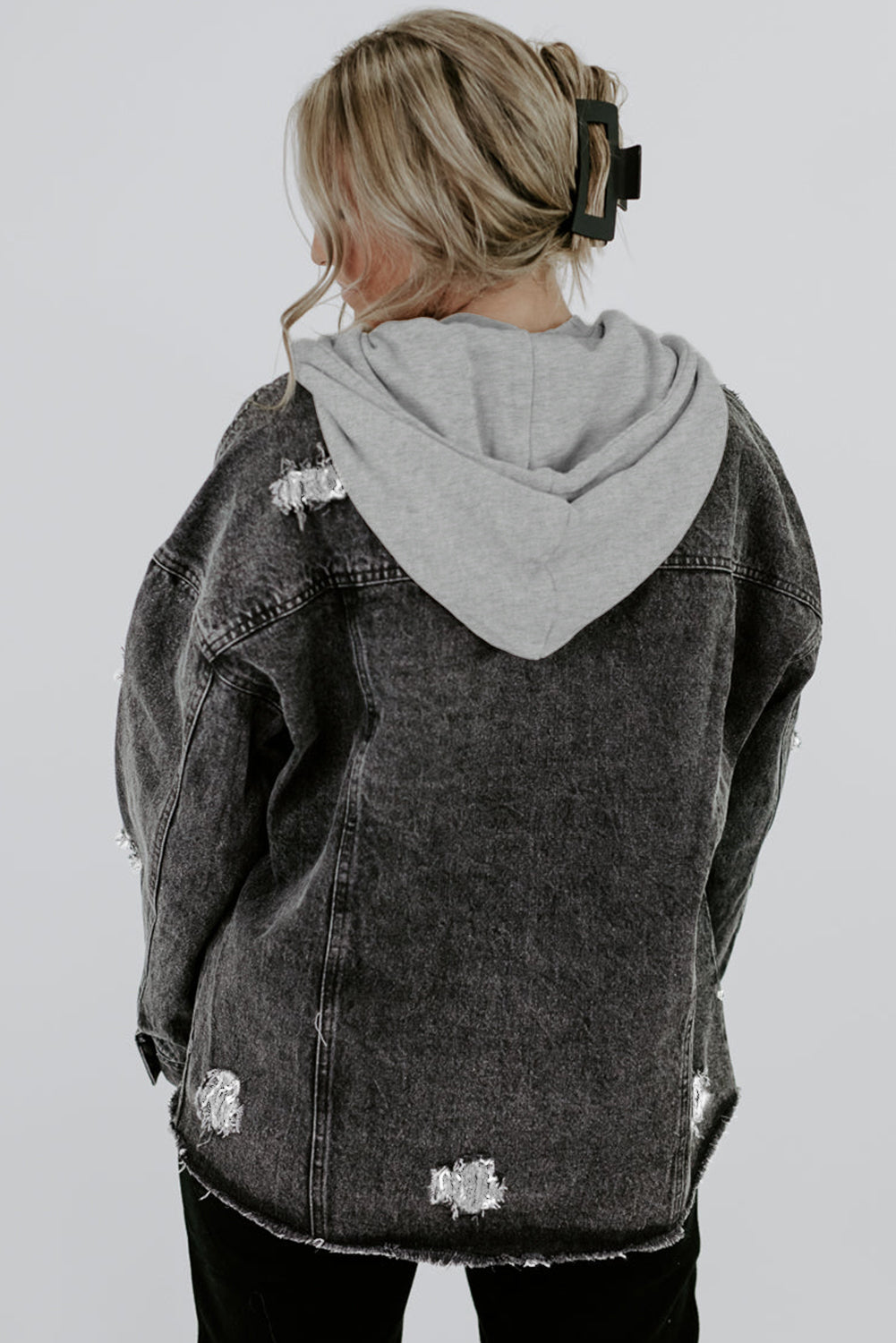 Black Drawstring Hooded Frayed Denim Jacket The Perfect Touch SA