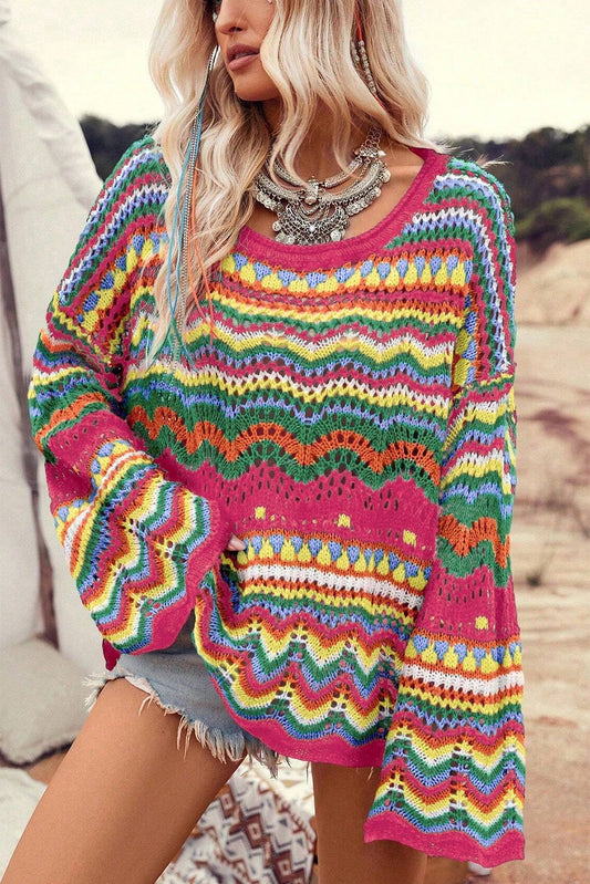 Rose Red Colorblock Striped Hollowed Knit Loose Sleeve Sweater