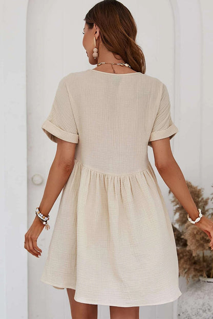 Folded Short Sleeve Lace V Neck Mini Dress