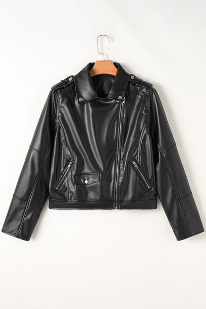 Black PU Leather Lapel Collar Zipper Jacket