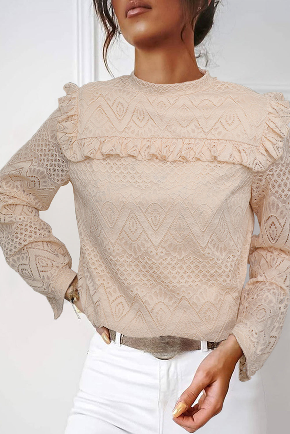 Lace Crochet Ruffle Hollow-out Long Sleeve Top