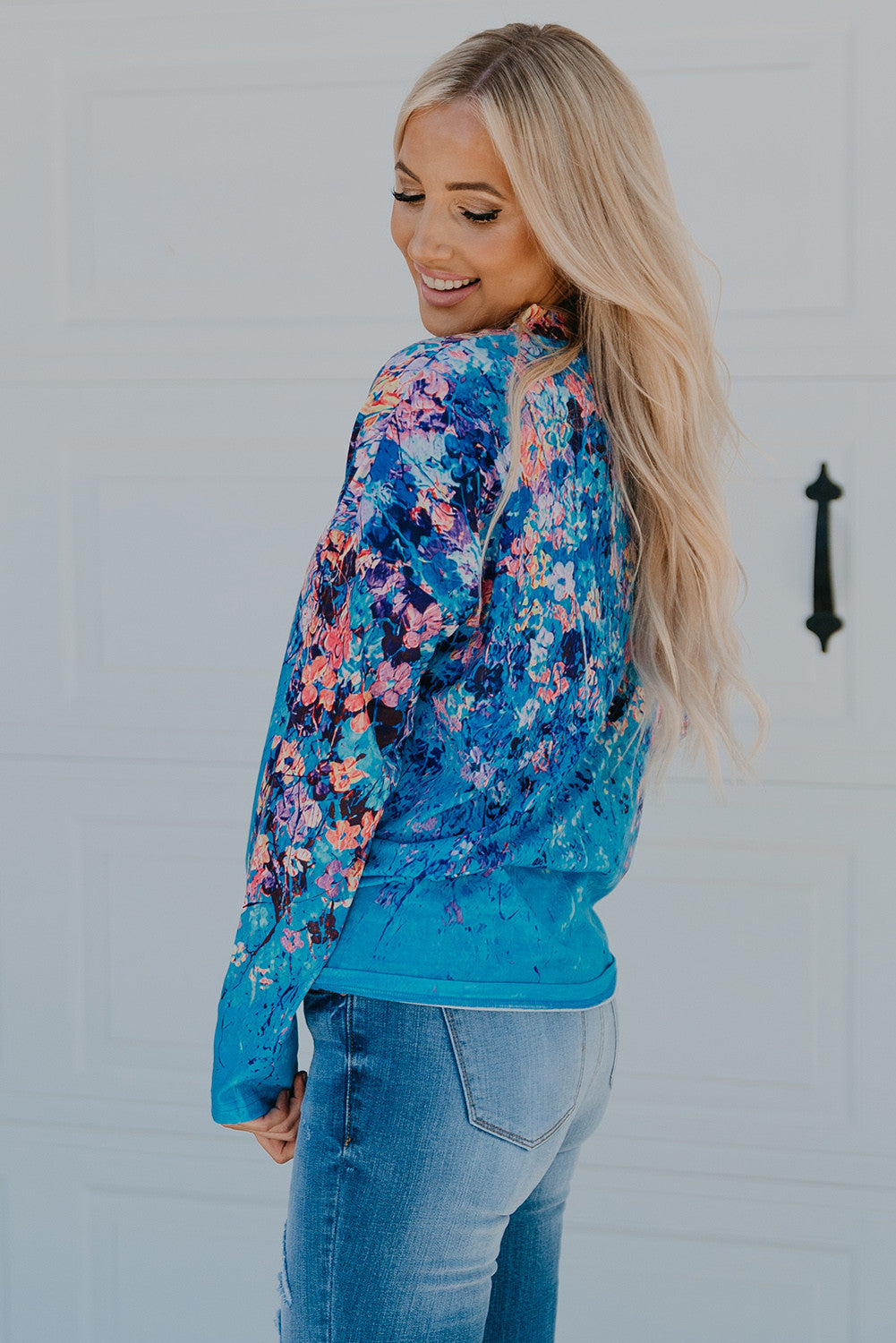 Blue Floral Print V Neck Long Sleeve Top