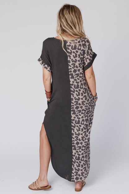 Black Contrast Solid Leopard Short Sleeve T-shirt Dress with Slits