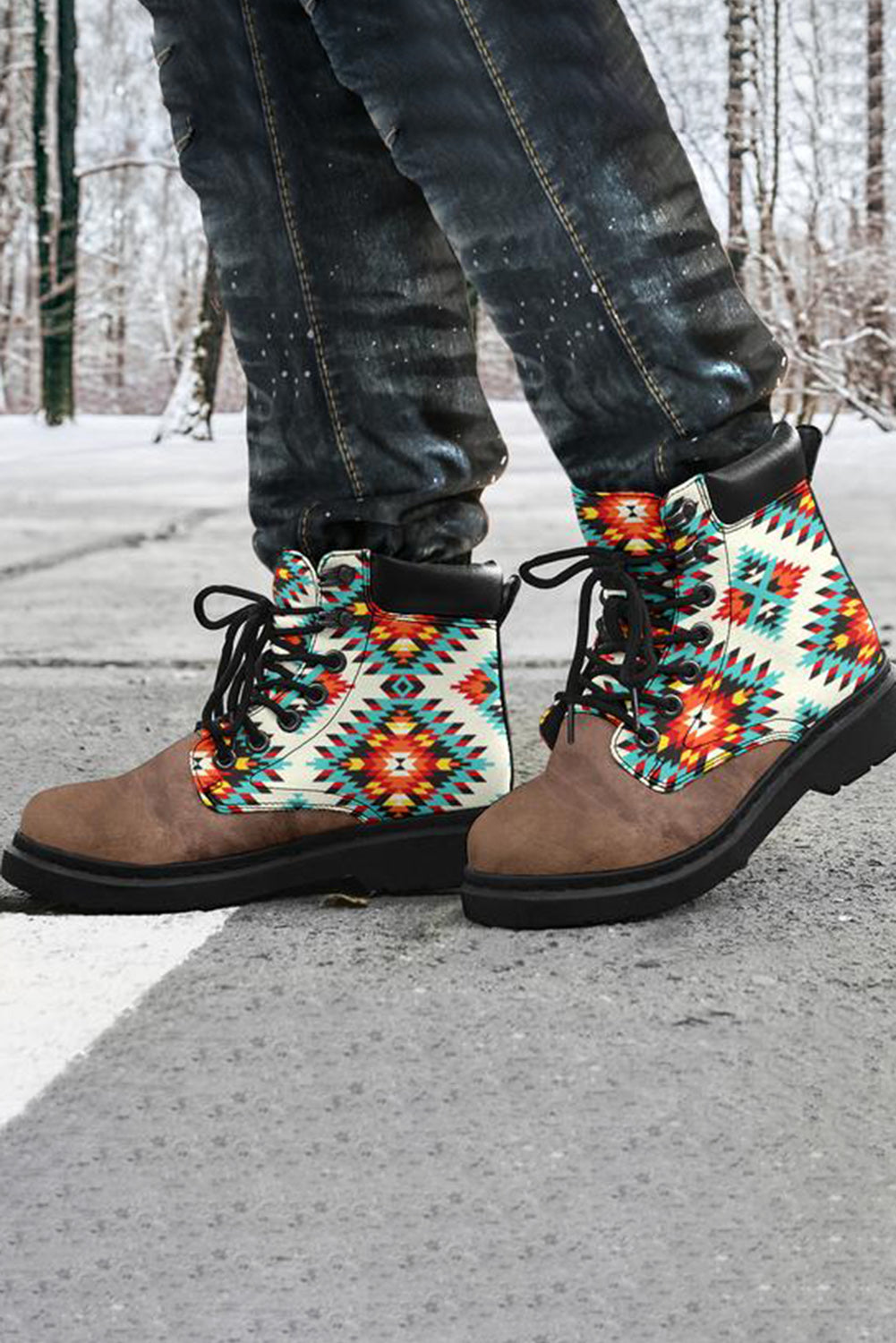 Aztec Pattern Patchwork Flat Ankle Boots