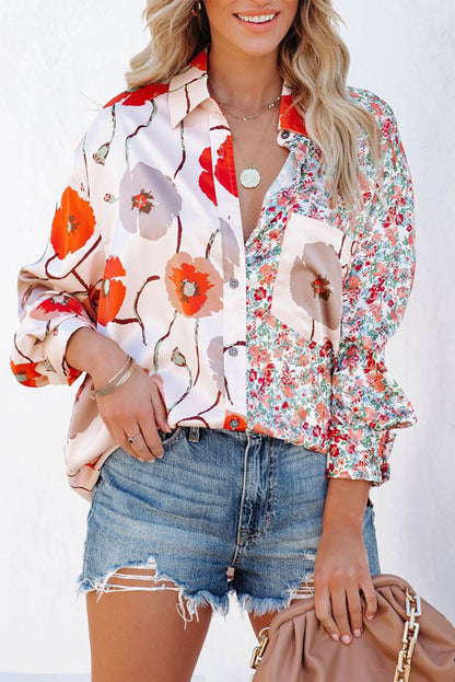 Red Floral Patchwork Buttoned Shirt with Pocket