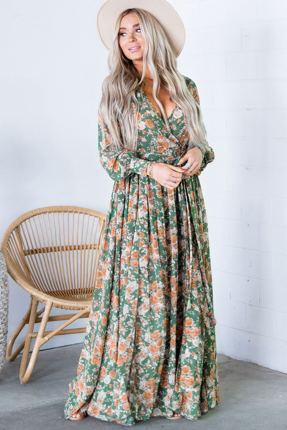 Green Wrap V Neck Maxi Floral Dress with Side Slit