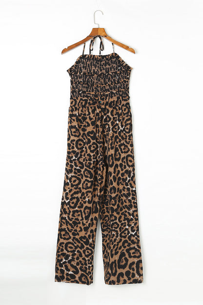 Leopard Print Halter Neck Backless Wide Leg Jumpsuit