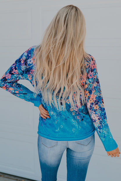 Blue Floral Print V Neck Long Sleeve Top