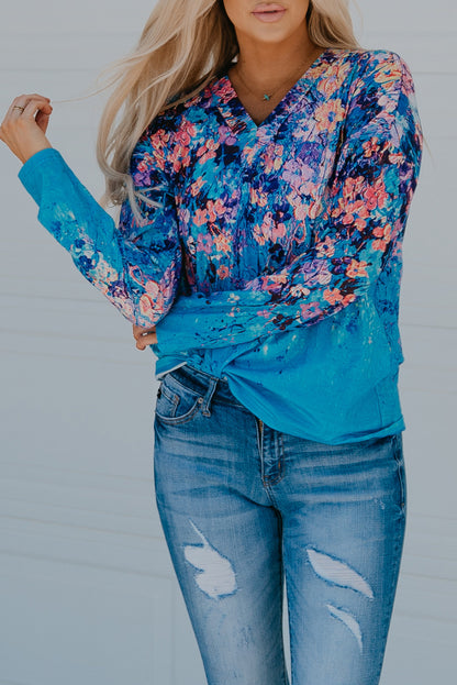 Blue Floral Print V Neck Long Sleeve Top