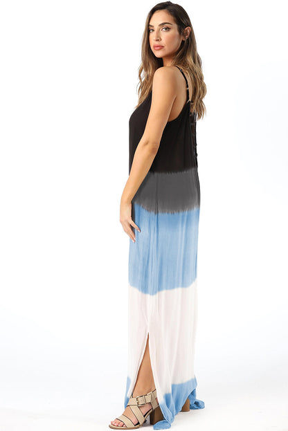 Sky Blue Spaghetti Strap Tie Dye Slit Maxi Dress