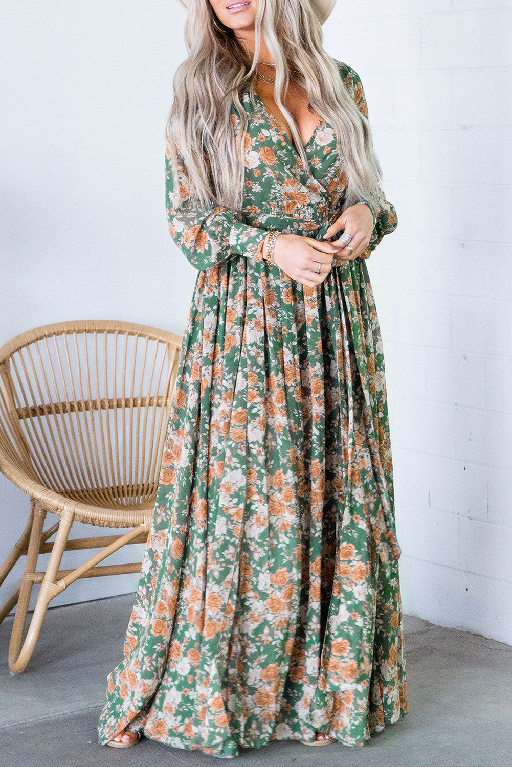 Green Wrap V Neck Maxi Floral Dress with Side Slit