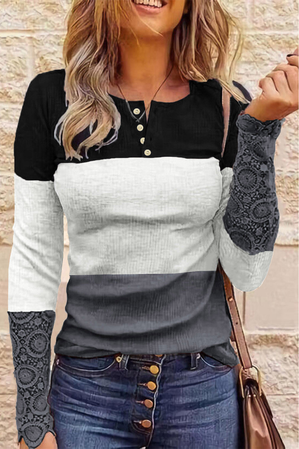 Gray Ribbed Lace Splicing Color Block Long Sleeve Top