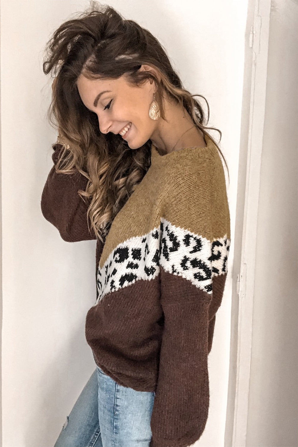 Brown Colorblock Chevron Leopard Pullover Sweater