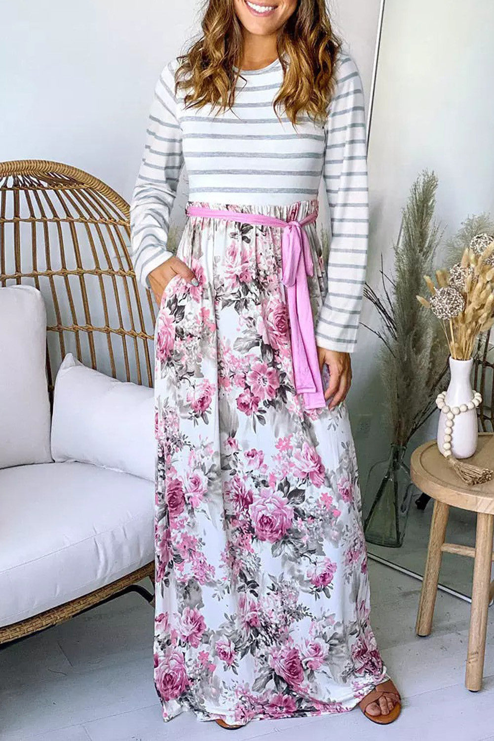 Striped floral outlet maxi dress