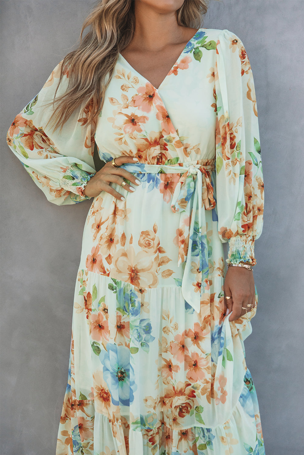 Green Puff Sleeves Empire Waist Floral Print Maxi Dress