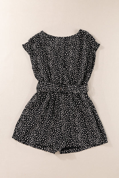 Black Leopard Print Belted V Neck Short Sleeve Romper