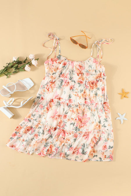 Orange Spaghetti Straps Tiered Babydoll Ruffled Floral Dress