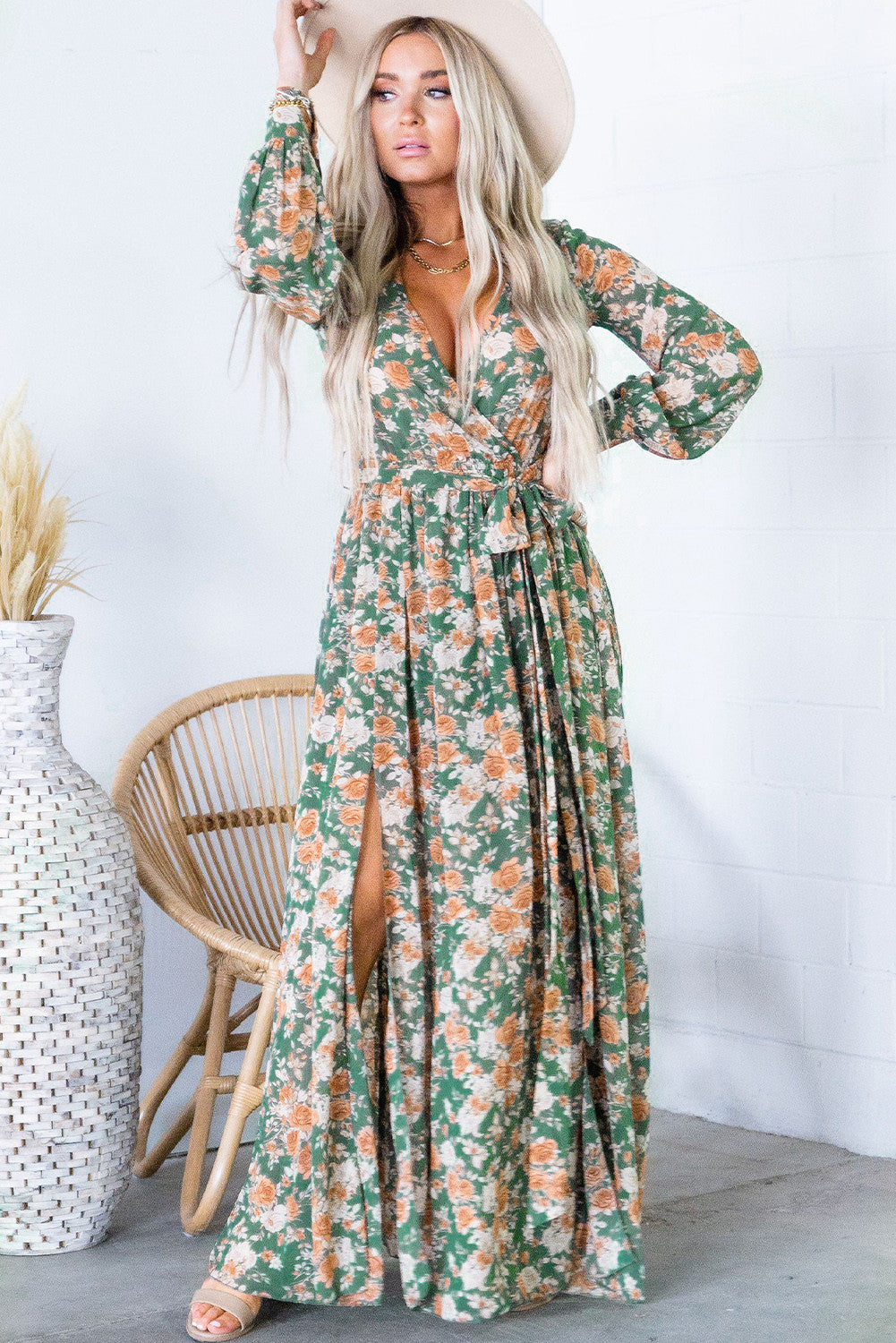 Green Wrap V Neck Maxi Floral Dress with Side Slit