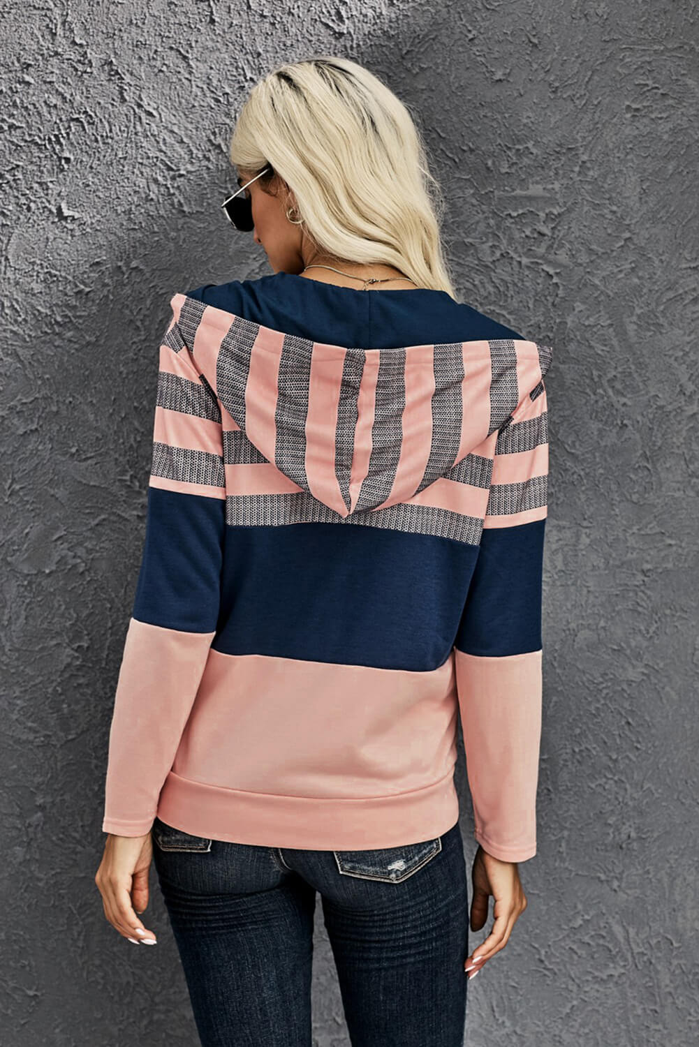 Pink Striped Color Block Drawstring Zip Front Hoodie