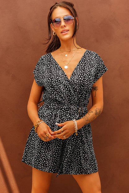 Black Leopard Print Belted V Neck Short Sleeve Romper