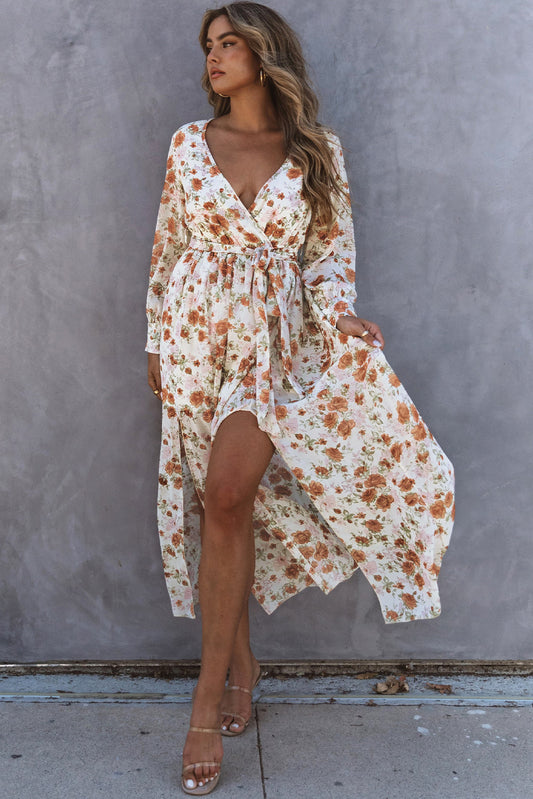 Orange Wrap V Neck Maxi Floral Dress with Side Slit