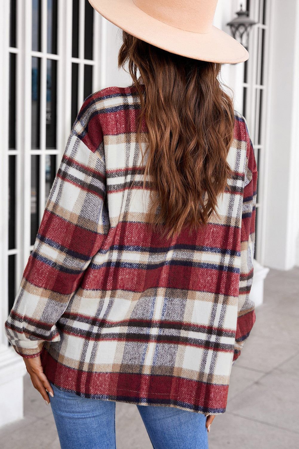 Fiery Red Geometric Plaid Print Pocketed Shacket