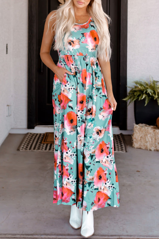 Sky Blue Boho Print Sleeveless High Waist Long Floral Dress