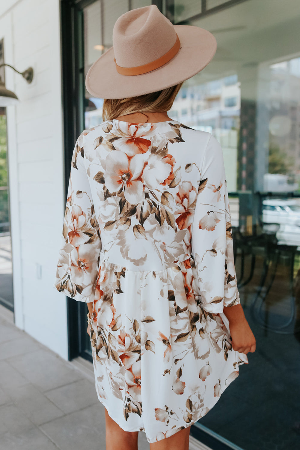 White V Neck 3/4 Sleeve Floral Dress